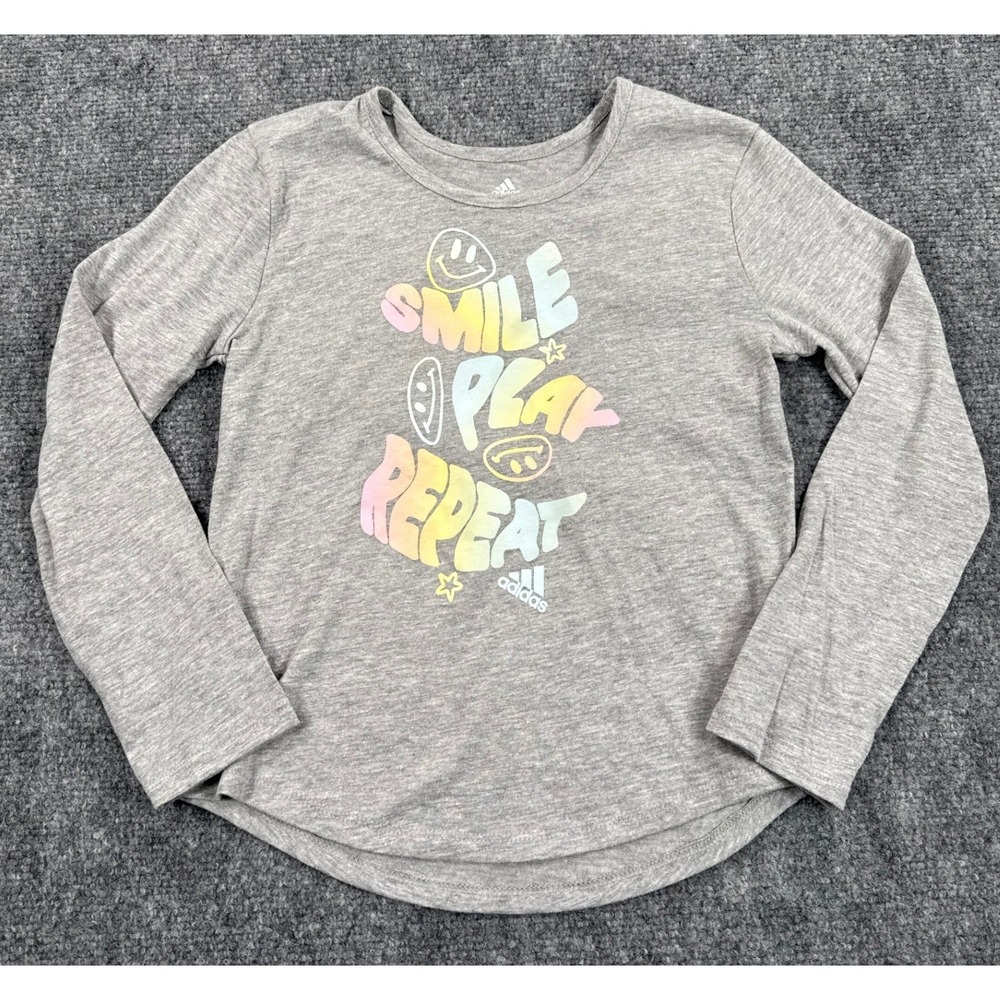 Adidas Girls Size 5 Gray Smile Play Repeat Graphic Long Sleeve Tee Shirt NWT